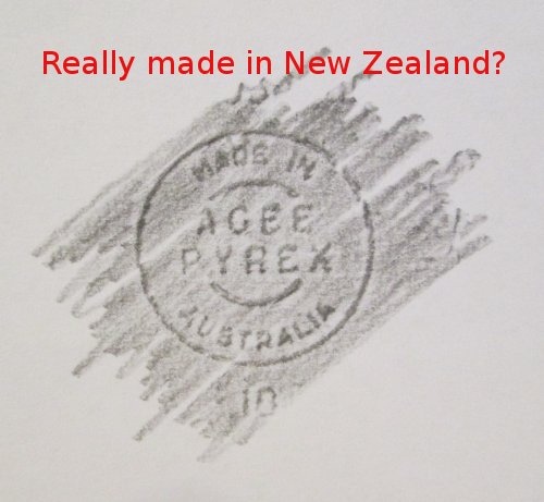 AGEE PYREX backstamp annotated 'Really made in New Zealand?'